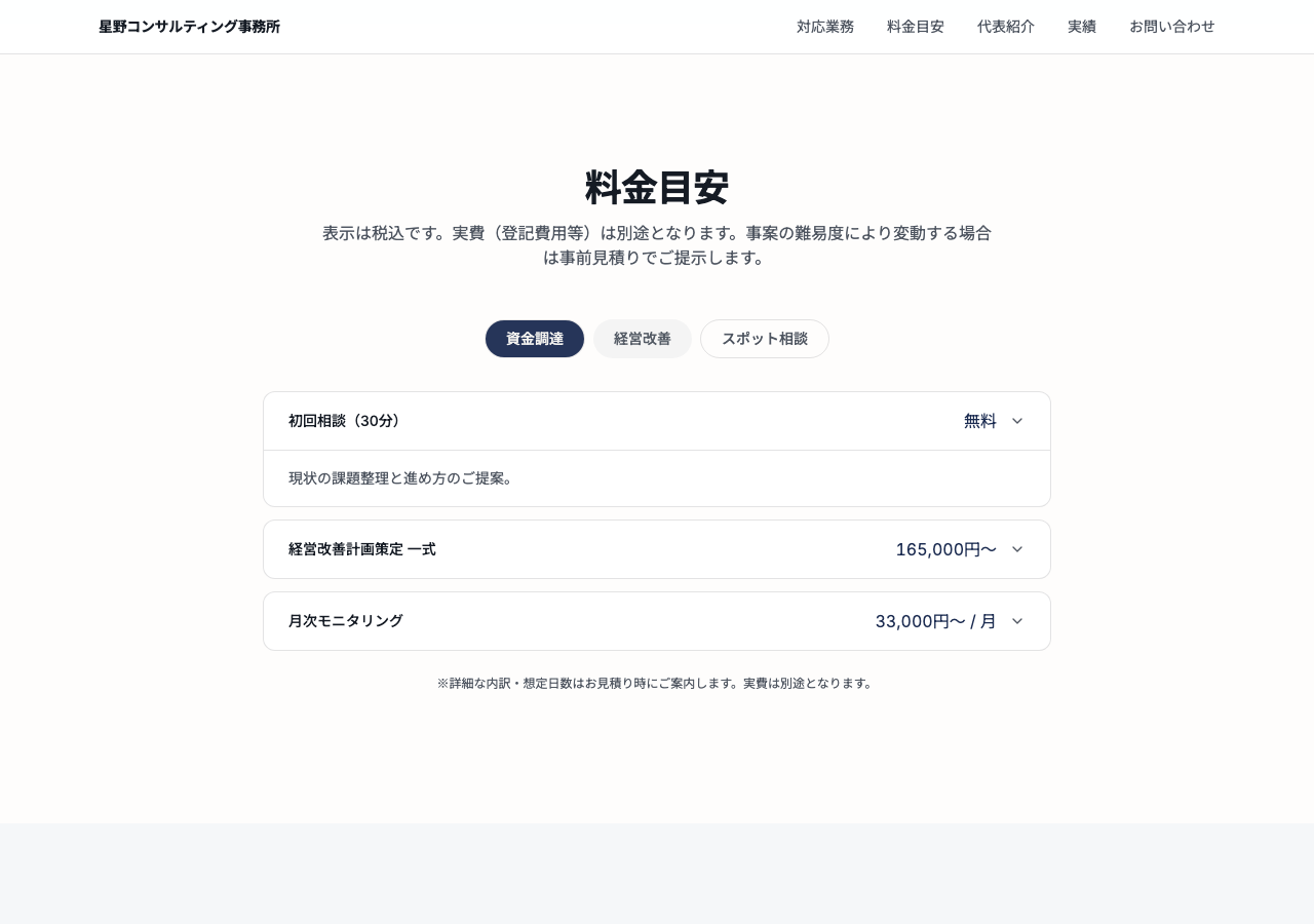料金目安セクション。「経営改善」タブが選択され、初回相談の詳細がアコーディオンで開いている