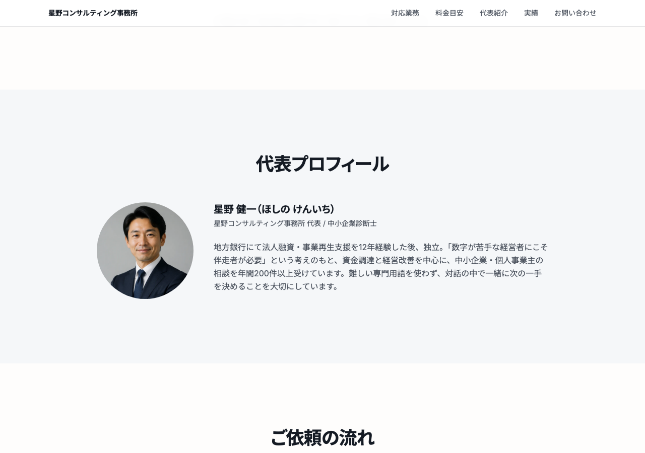 実写真を当てはめた後の代表プロフィール。丸型の仮素材が、代表者の写真に置き換わっている